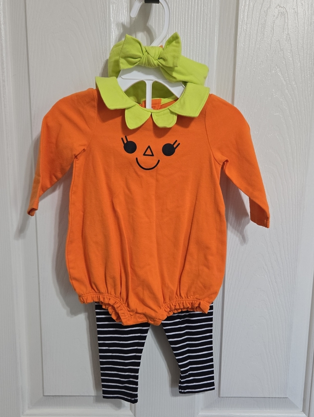 Baby Girl Halloween Pumpkin Romper Set with Leggings & Headband